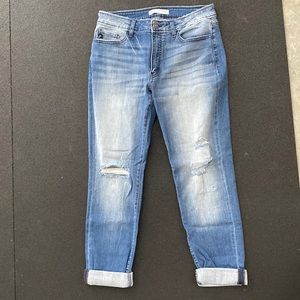 KanCan mid rise destructed light wash boyfriend jeans.